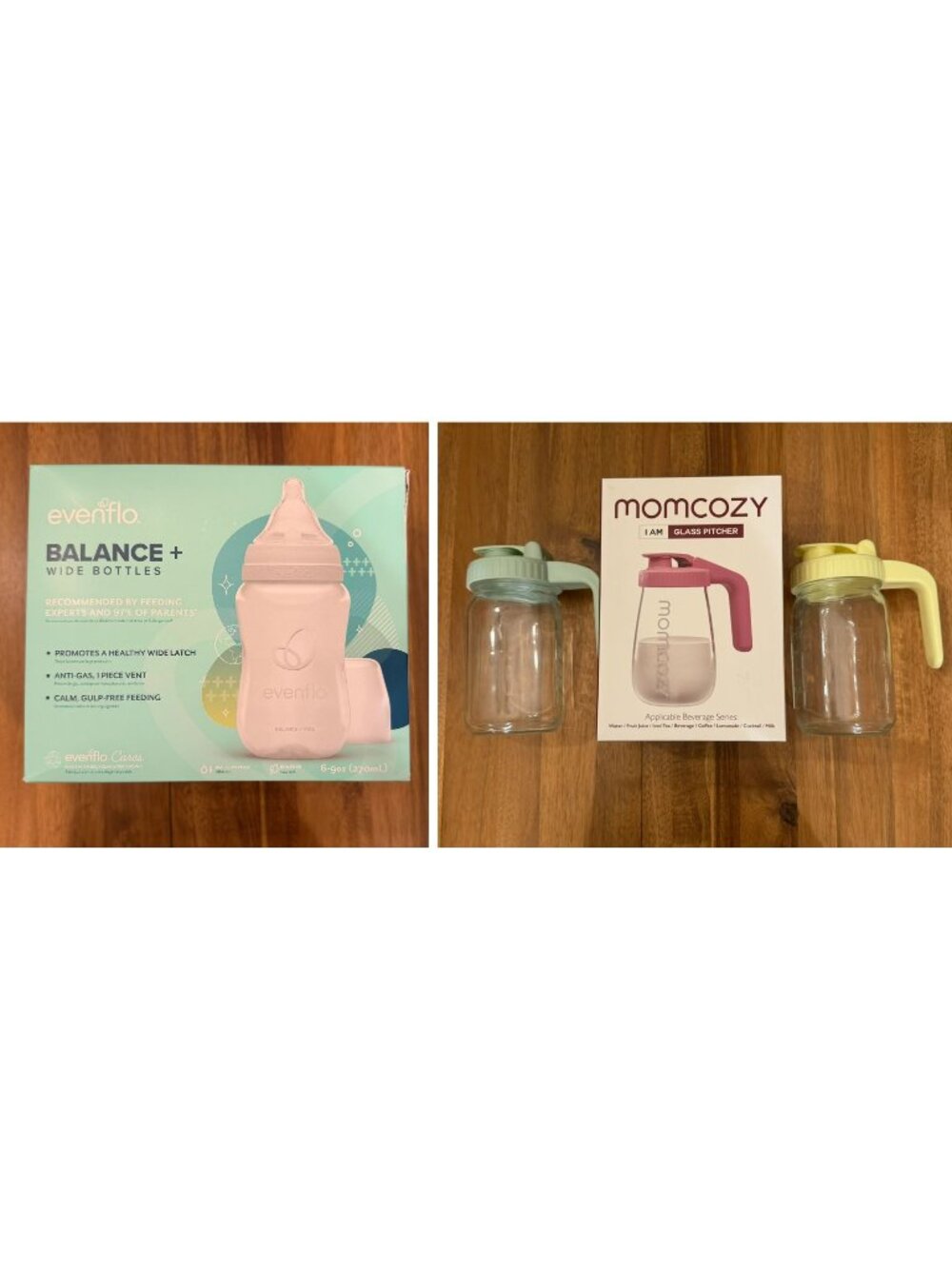 Bundle x3 32oz Momcozy Glass Pitchers and x6 9oz Evenflo Wide Baby Bottles NIB